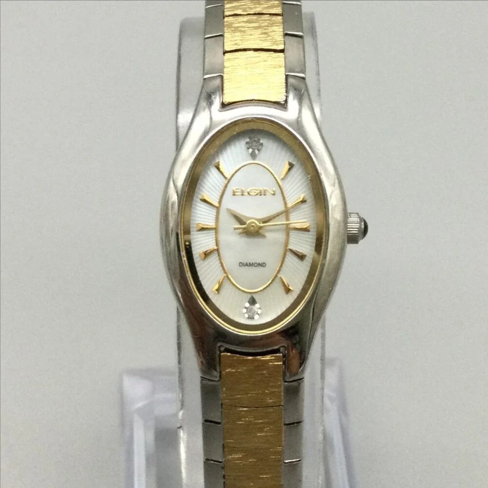 Elgin Womens Watch 18mm MOP Dial Two Tone Diamond EG259N New Battery 6.75